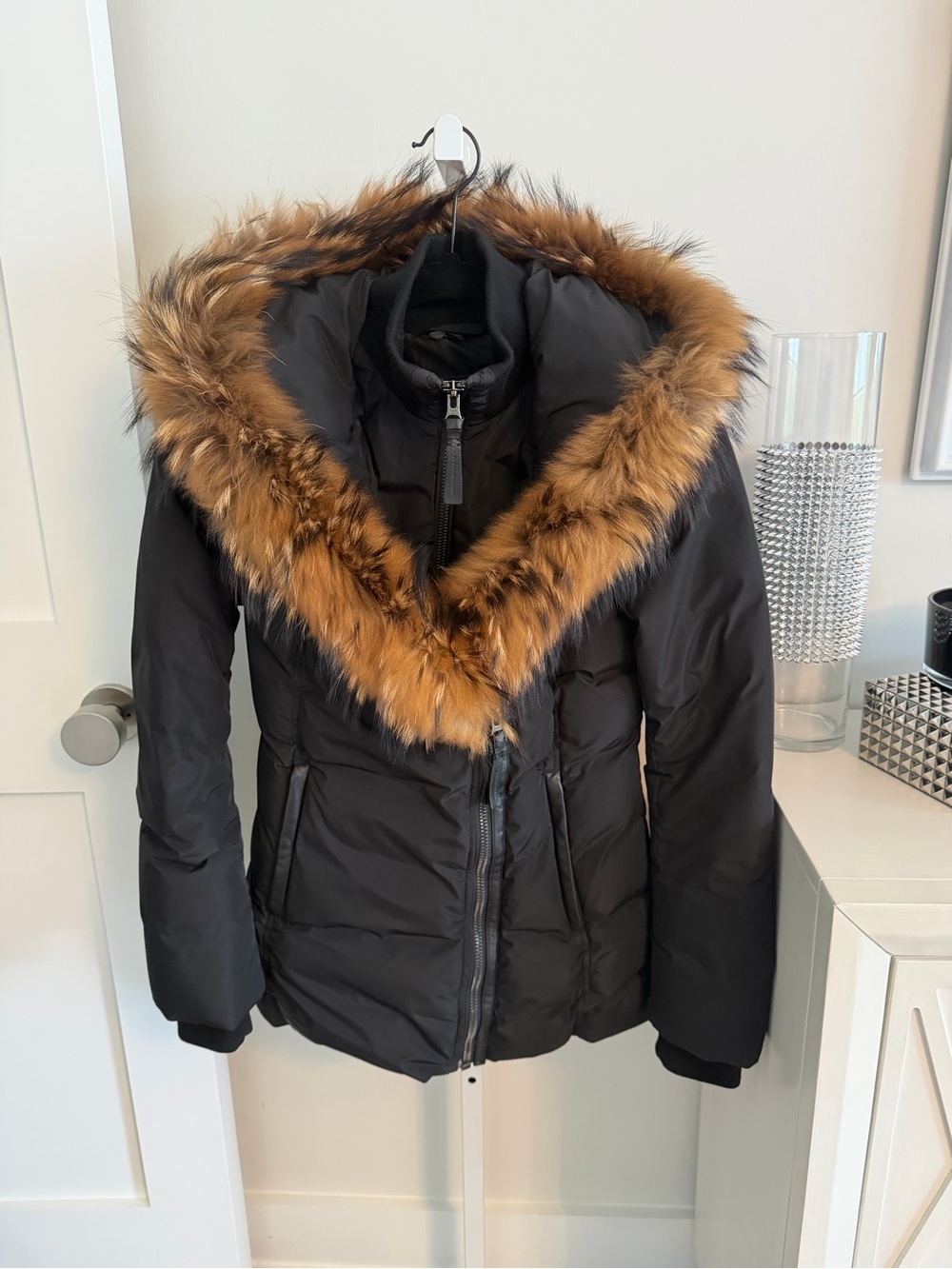 Mackage Womens Adali Black Down Coat with Natural Racoon Fur Hood Trim Size XS